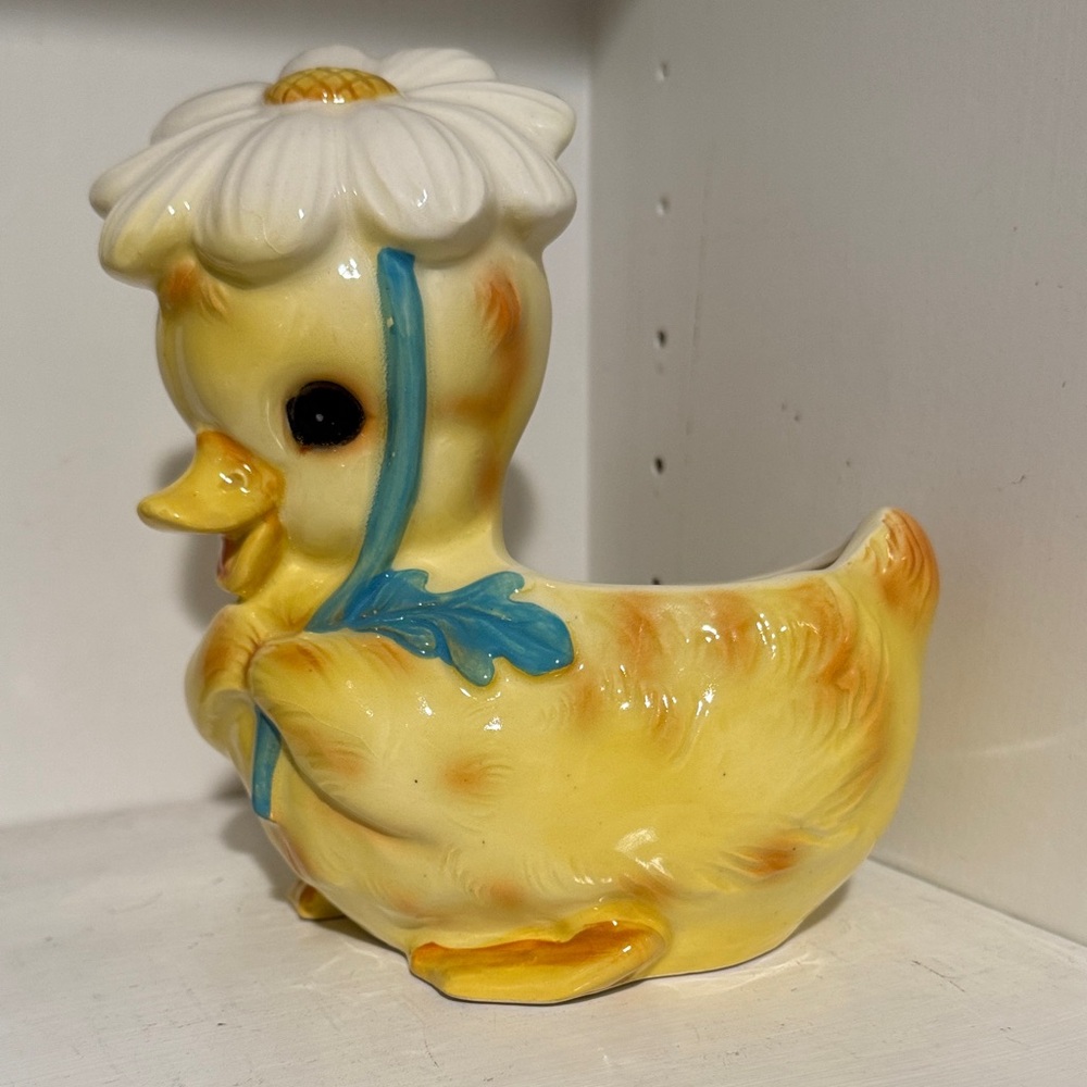 Vintage Yellow Duck Figurine with White Flower Hat